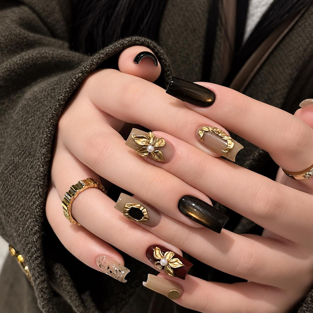 Brown Press-On Nails – Gold 3D Floral – Dark Brown Coffin
