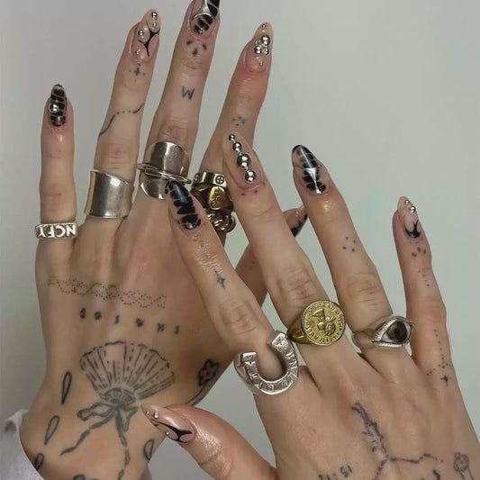 Y2K Press-On Nails – Black Chrome 3D – Edgy Nude Almond