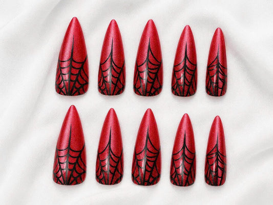 Red Spider Web Press-On Nails – Glitter Stiletto Halloween – Black Web Gothic Long Pointed