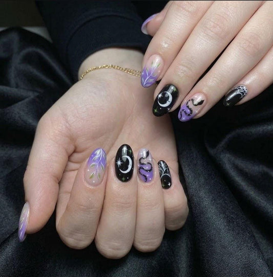 Mystic Serpent Halloween Press-On Nails – Purple Snake Moon – Black Spider Web