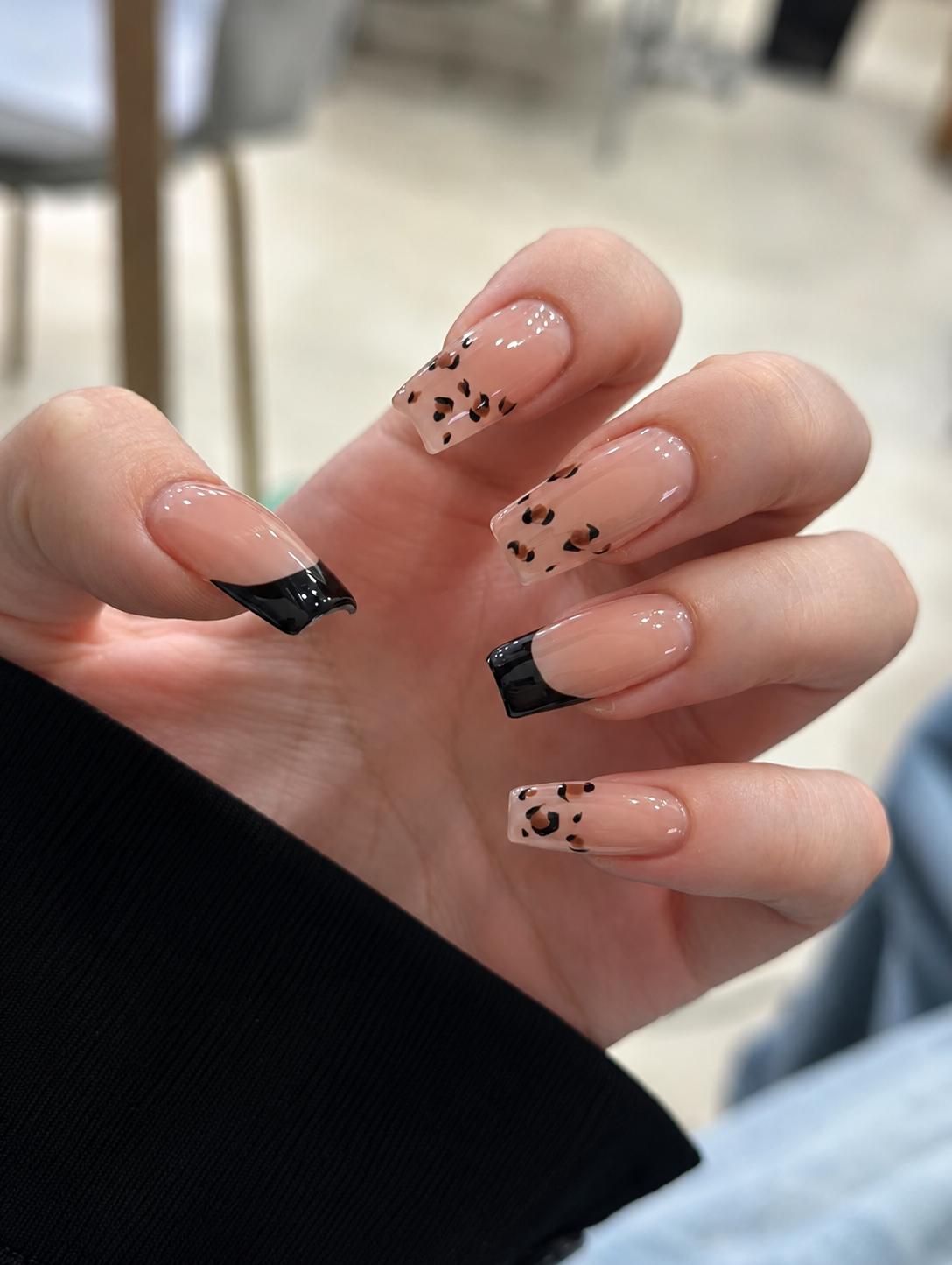 Leopard Print Press-On Nails – Nude Black French Tip Square – Brown Animal Print