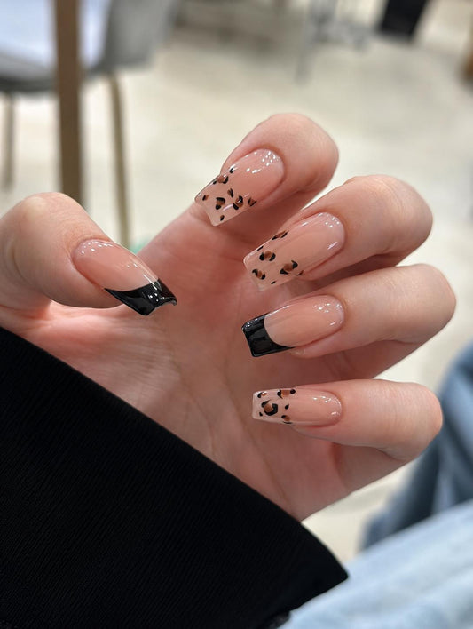 Leopard Print Press-On Nails – Nude Black French Tip Square – Brown Animal Print