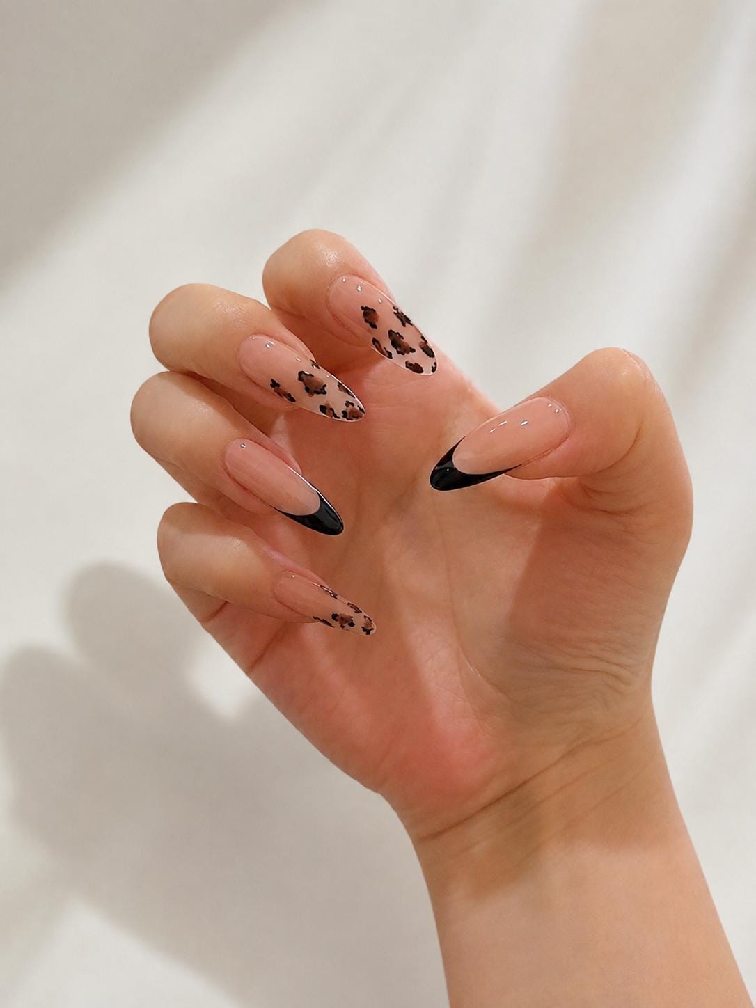 Leopard Print Press-On Nails – Nude Black French Tip Square – Brown Animal Print