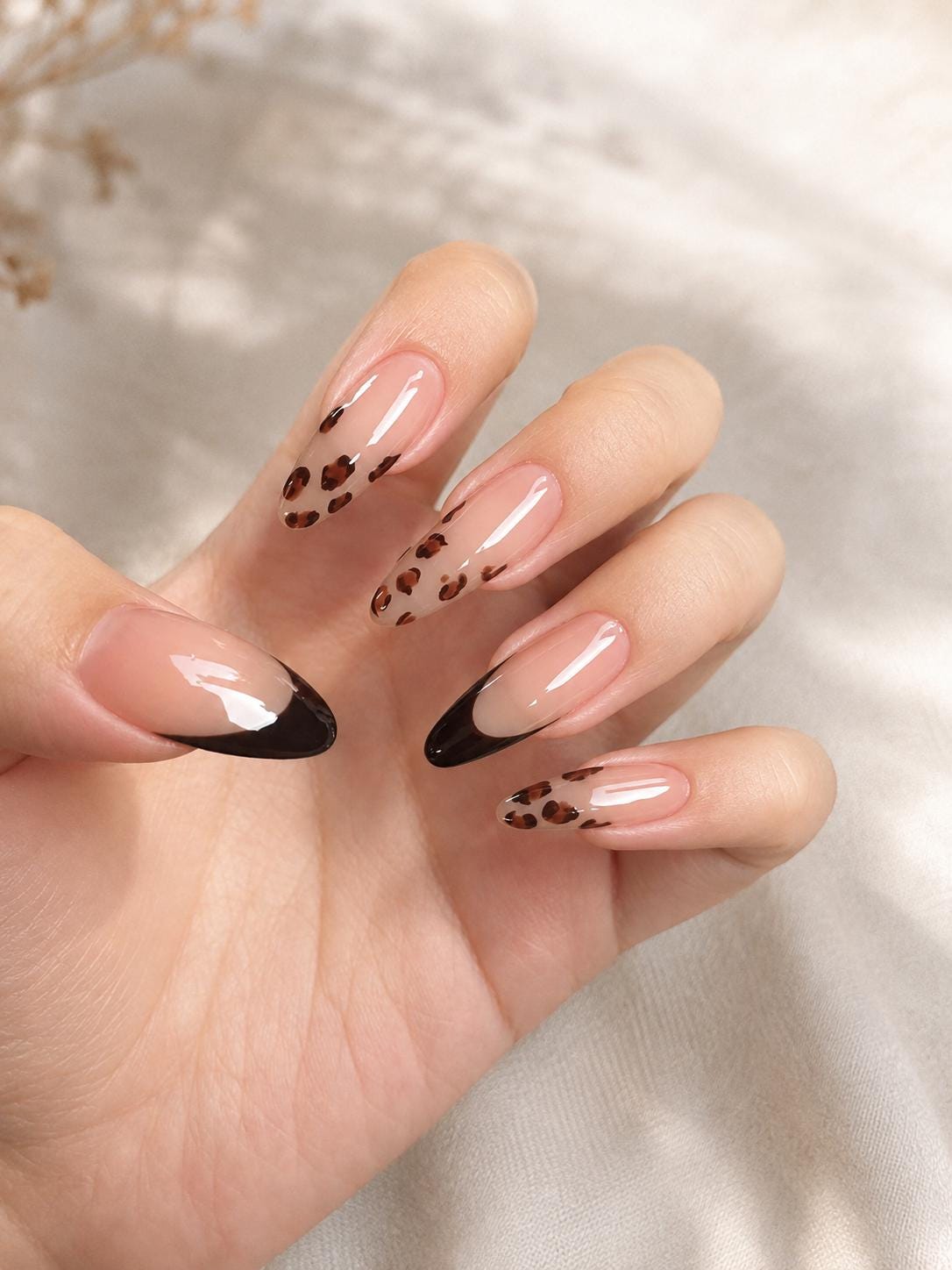 Leopard Print Press-On Nails – Nude Black French Tip Square – Brown Animal Print