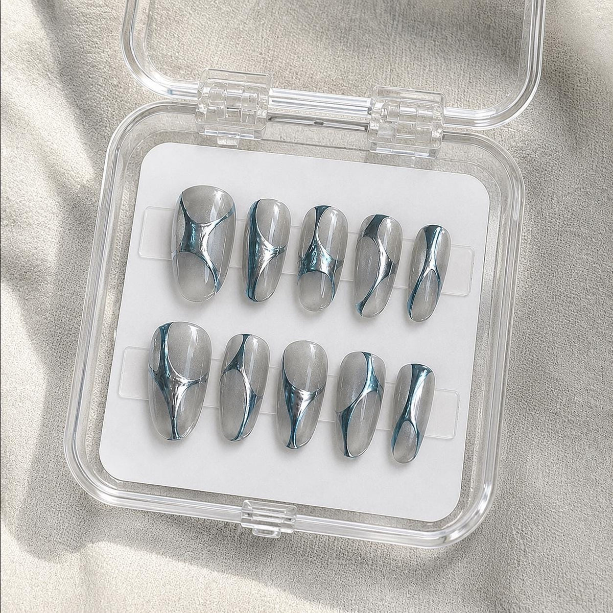 Silver Chrome Press-On Nails – Abstract 3D Metallic Almond – Clear Nude Chrome Swirl