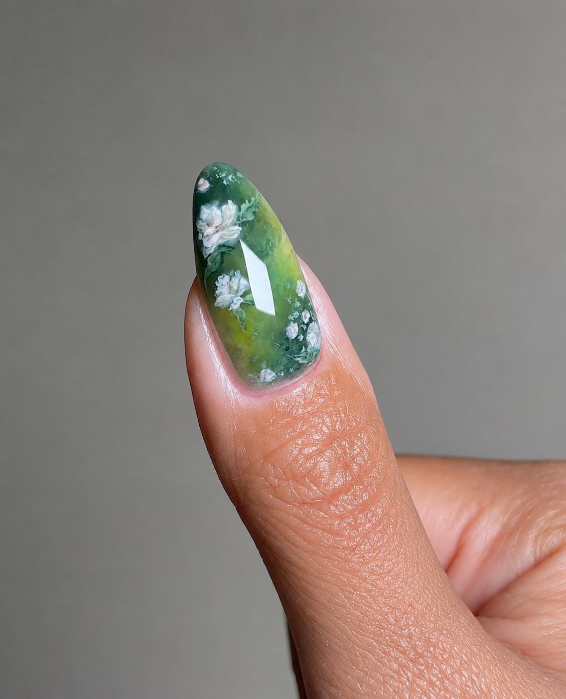 Green Floral Press-On Nails – White Flower Almond – Olive Green Botanical