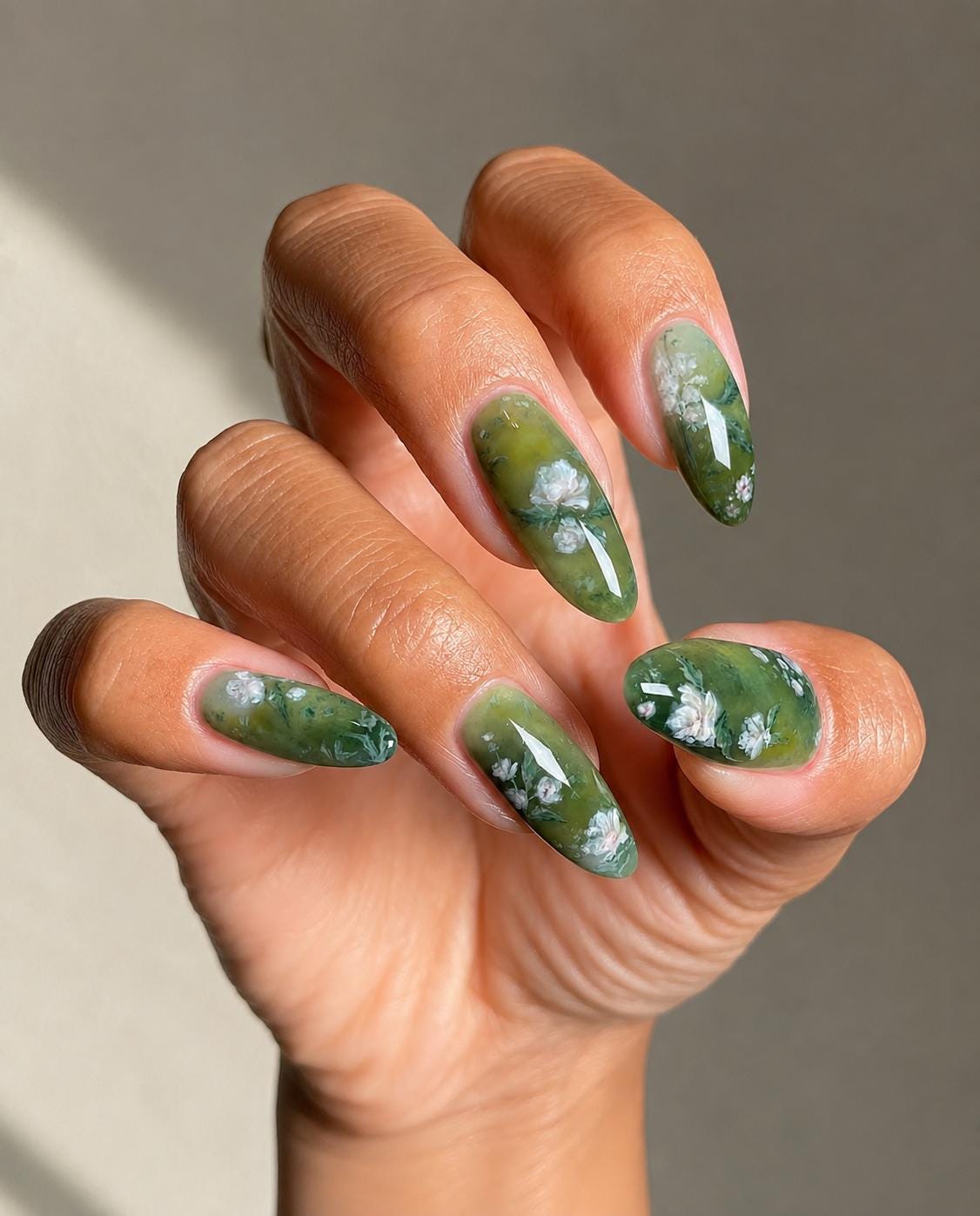 Green Floral Press-On Nails – White Flower Almond – Olive Green Botanical