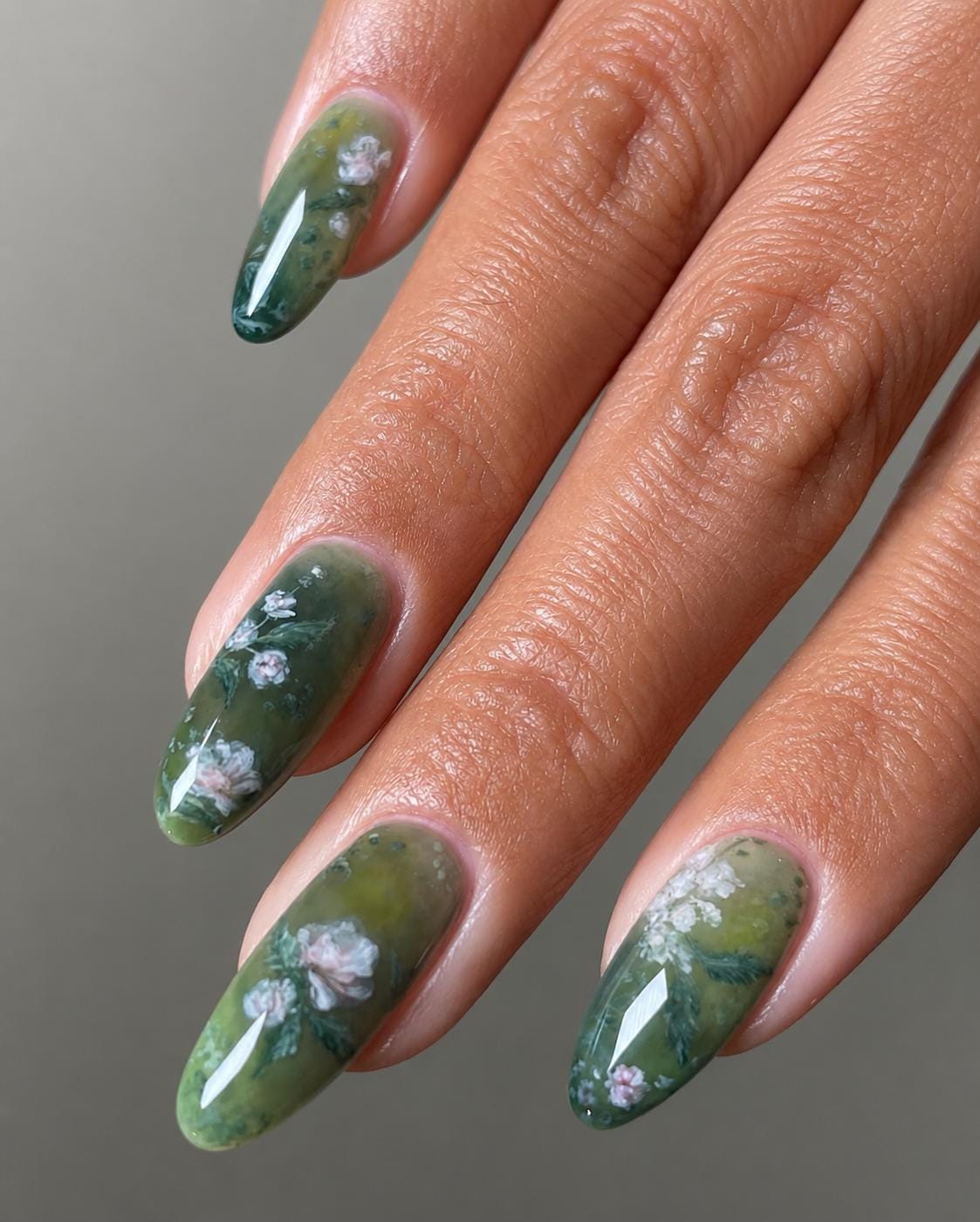 Green Floral Press-On Nails – White Flower Almond – Olive Green Botanical