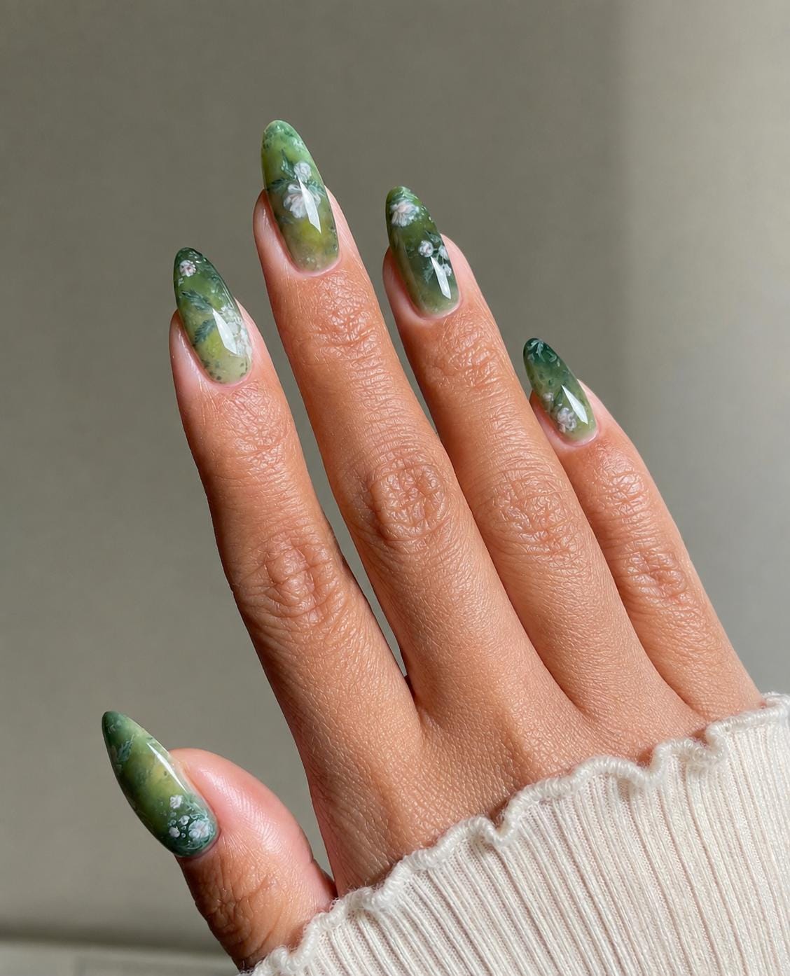 Green Floral Press-On Nails – White Flower Almond – Olive Green Botanical