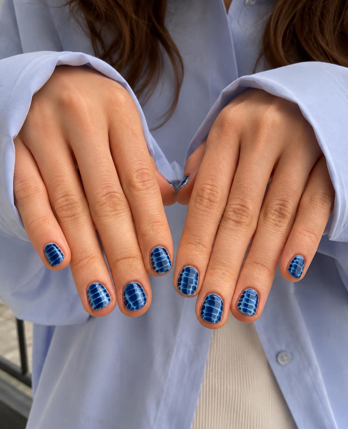 Blue Croc Print Press-On Nails – Short Squoval Reptile – Navy Blue Crocodile Pattern