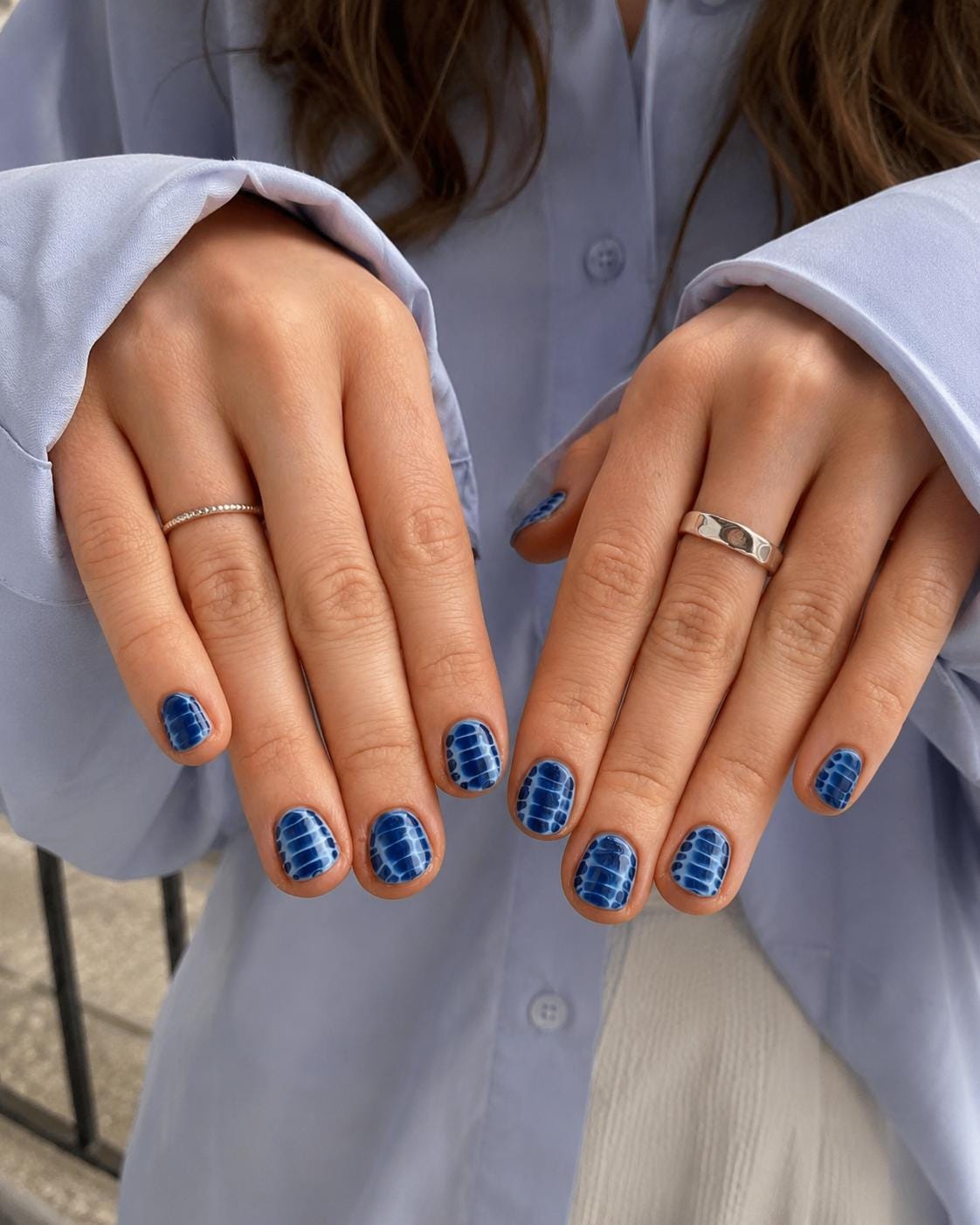 Blue Croc Print Press-On Nails – Short Squoval Reptile – Navy Blue Crocodile Pattern