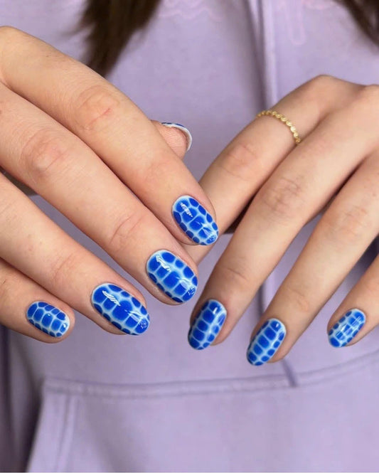 Blue Croc Print Press-On Nails – Short Squoval Reptile – Navy Blue Crocodile Pattern