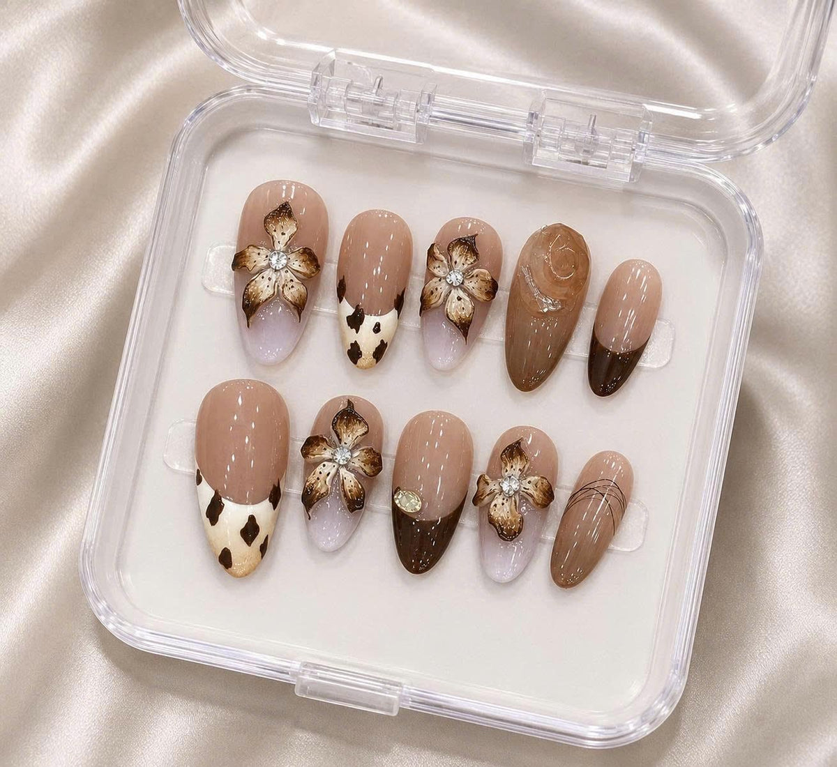 Brown Floral Press-On Nails – 3D Flower Almond – Cow Print French Tip