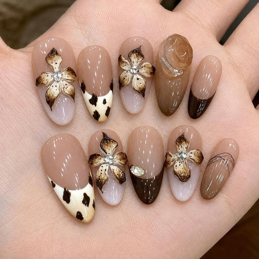 Brown Floral Press-On Nails – 3D Flower Almond – Cow Print French Tip