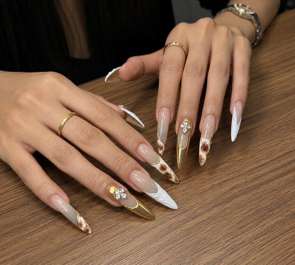 Gold Chrome Press-On Nails – White French Tip Long Stiletto – Cross Accent