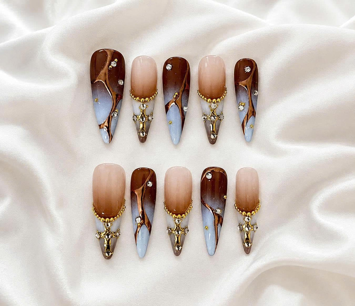Gothic Cross Press-On Nails – Gold Chrome – Long Coffin
