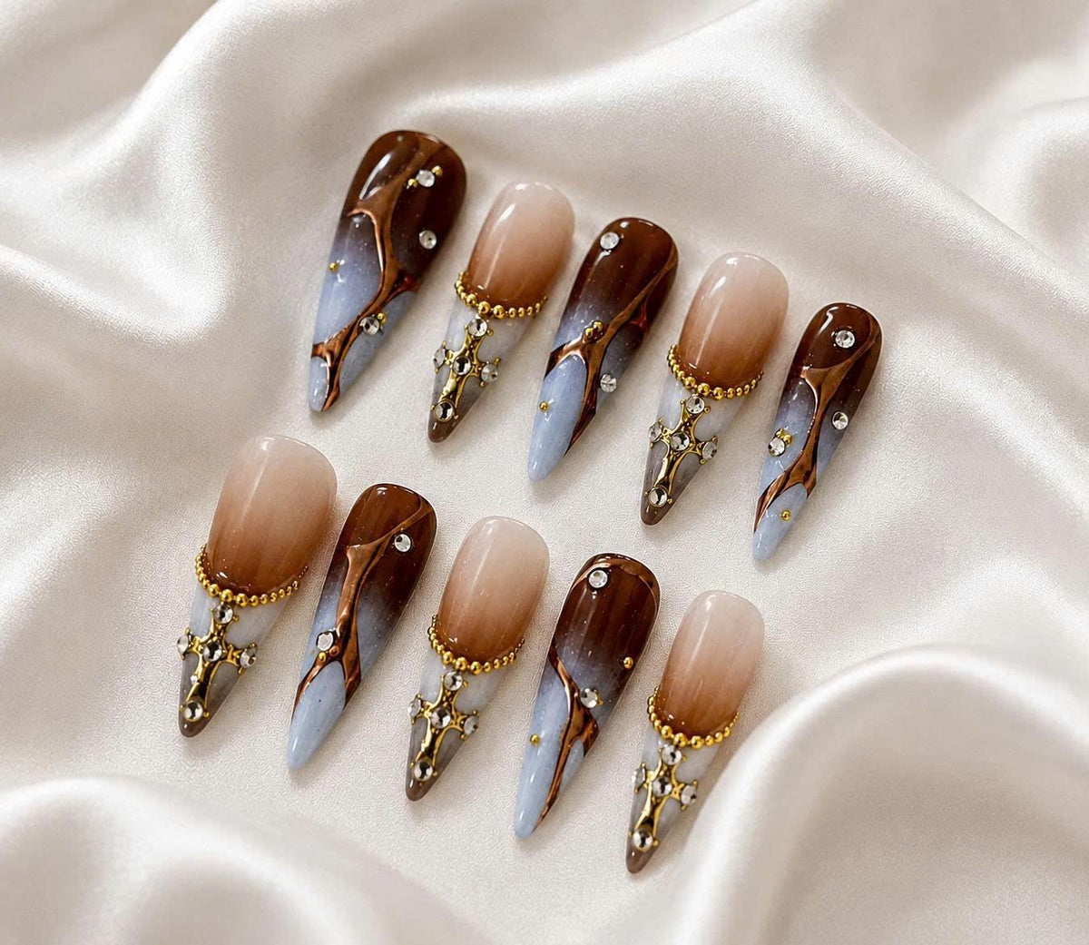 Gothic Cross Press-On Nails – Gold Chrome – Long Coffin