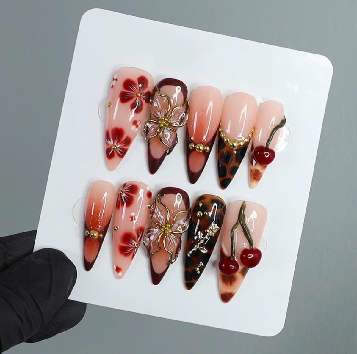 3D Flower Press-On Nails – Long Almond – Tortoise Shell