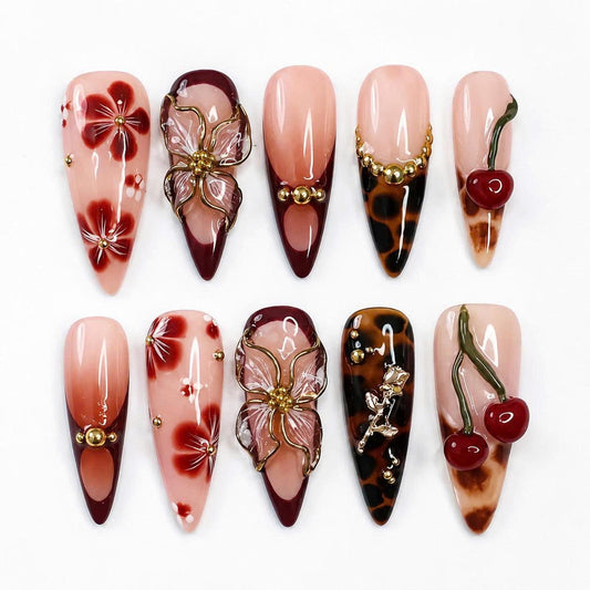 3D Flower Press-On Nails – Long Almond – Tortoise Shell