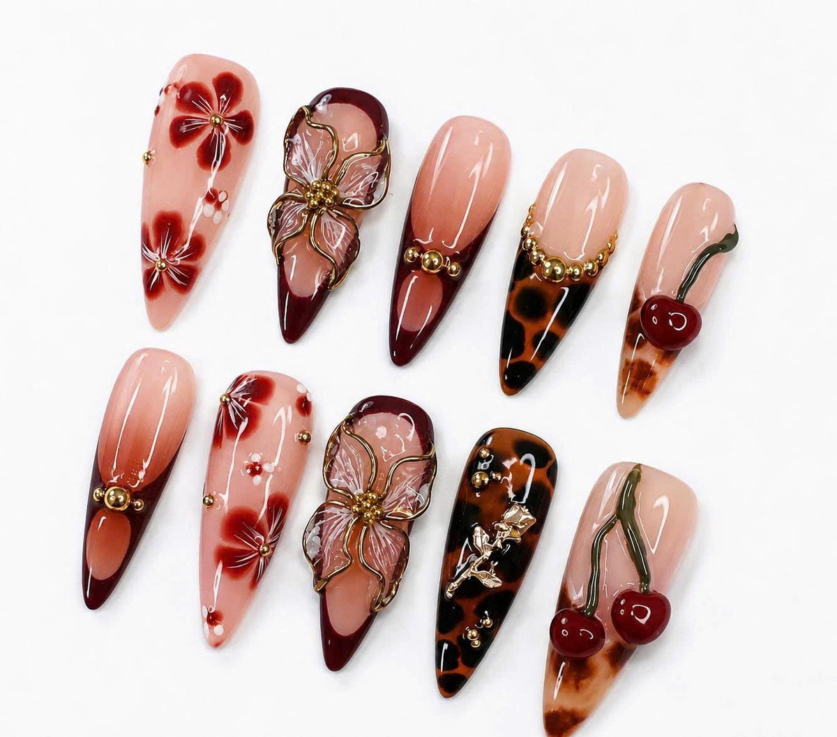 3D Flower Press-On Nails – Long Almond – Tortoise Shell