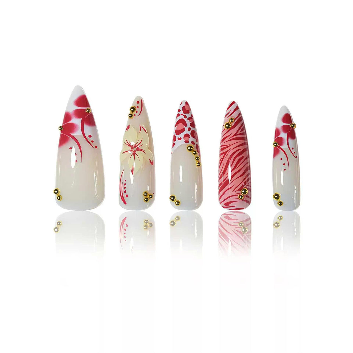 Red Floral Press-On Nails – Leopard/Zebra – Long Stiletto