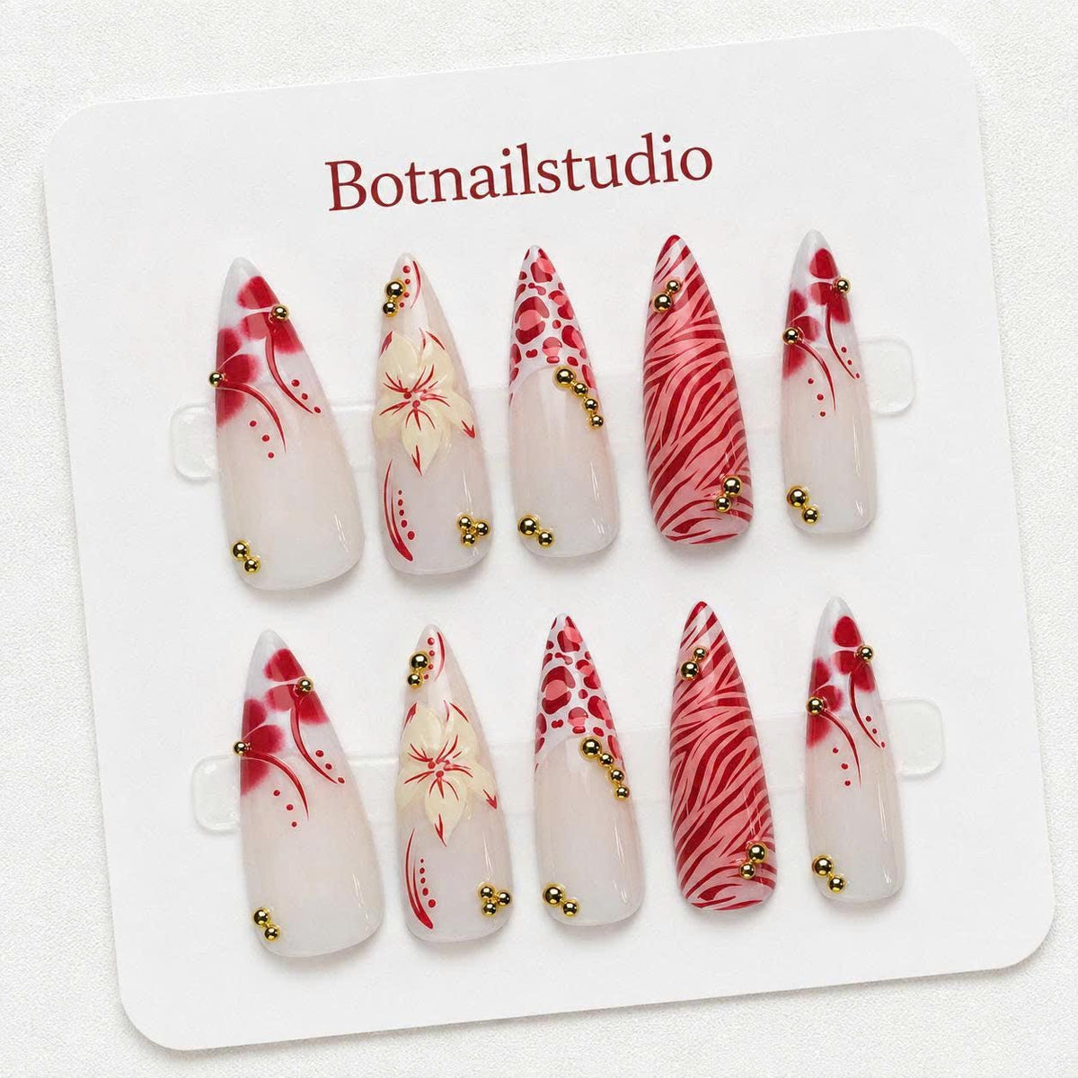 Red Floral Press-On Nails – Leopard/Zebra – Long Stiletto