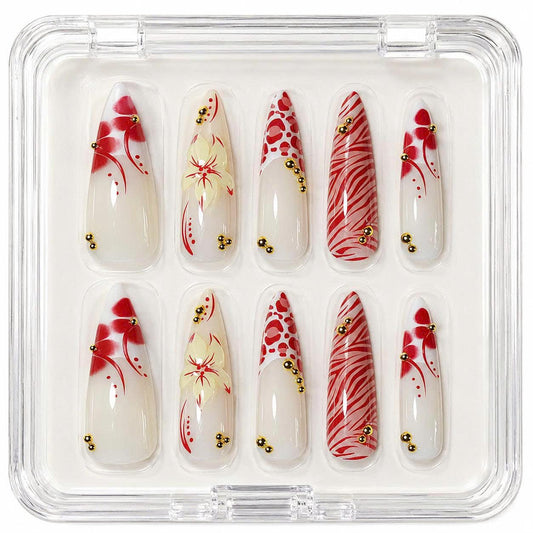 Red Floral Press-On Nails – Leopard/Zebra – Long Stiletto