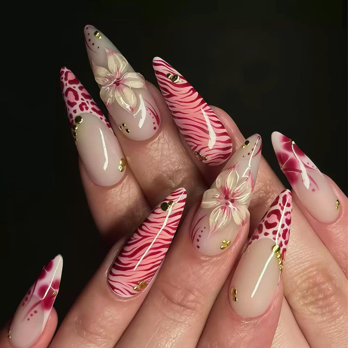 Red Floral Press-On Nails – Leopard/Zebra – Long Stiletto