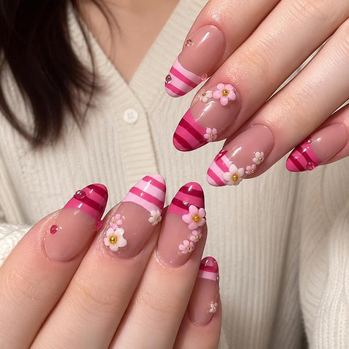 Pink French Tip Press-On Nails – 3D Flower Almond – Rhinestone Floral