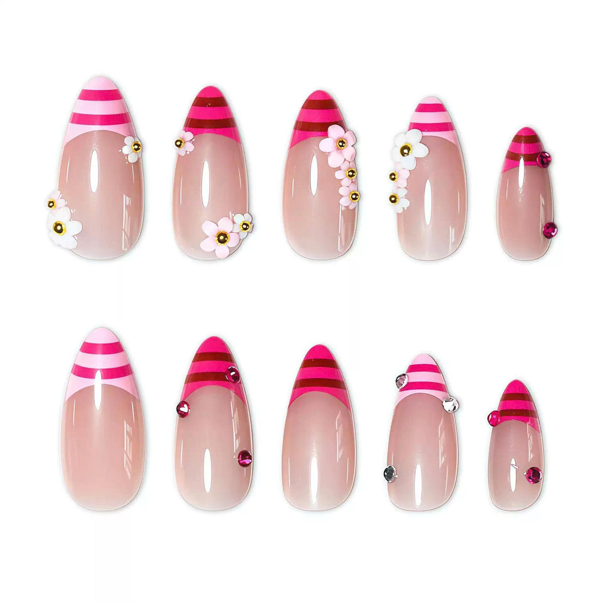 Pink French Tip Press-On Nails – 3D Flower Almond – Rhinestone Floral