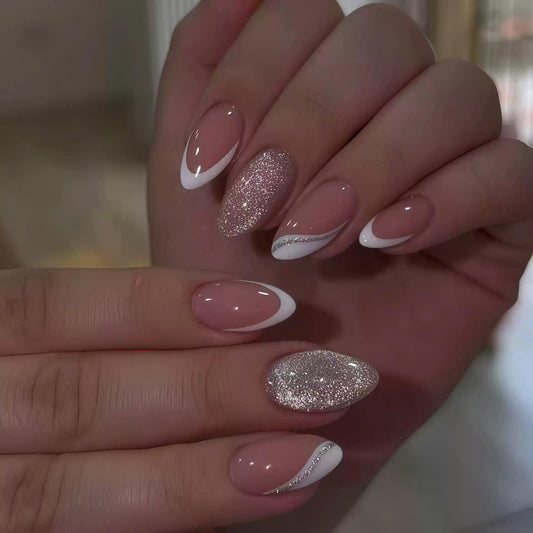 Pink & White French Tip Press-On Nails – Glitter Almond – Elegant Minimal