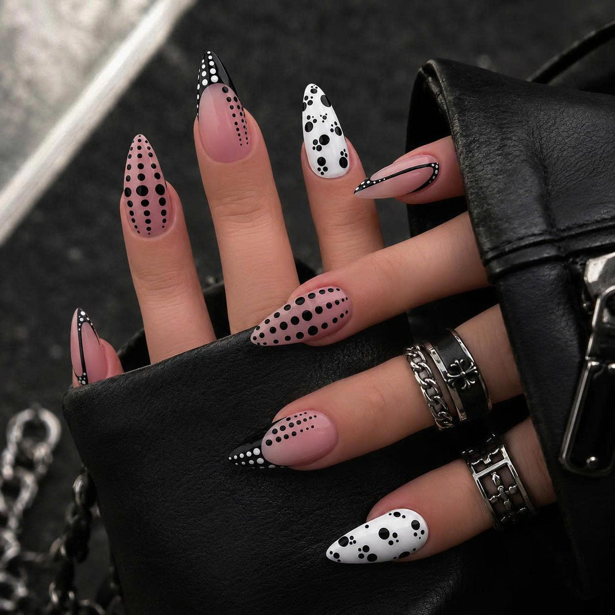 Black & White Polka Dot Press-On Nails – Almond Abstract – Retro Nude
