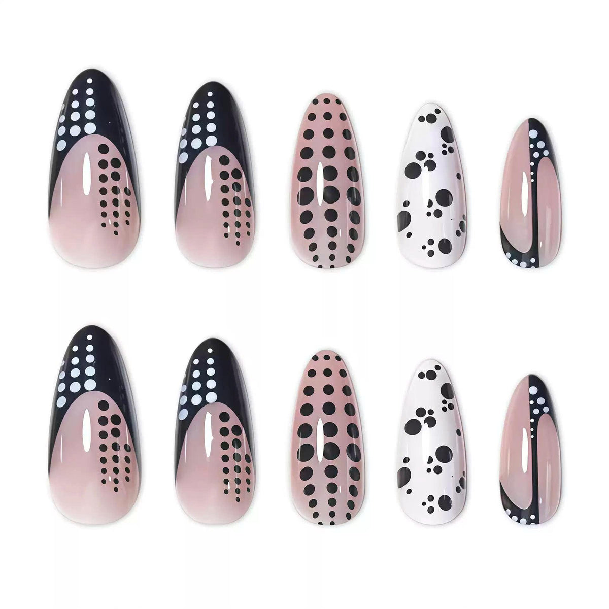 Black & White Polka Dot Press-On Nails – Almond Abstract – Retro Nude