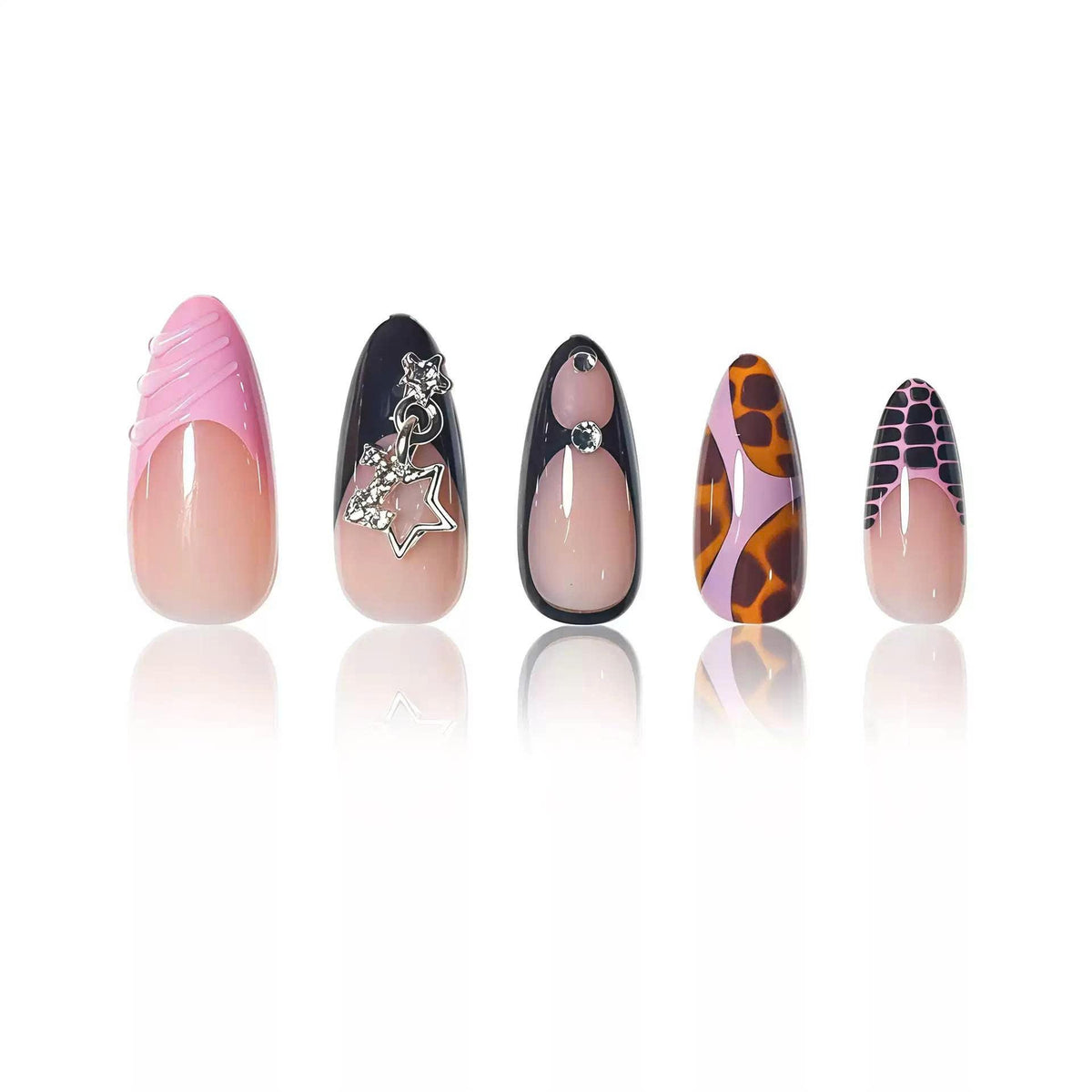 Pink & Black Press-On Nails – Tortoise Shell French Tip – Star Charm