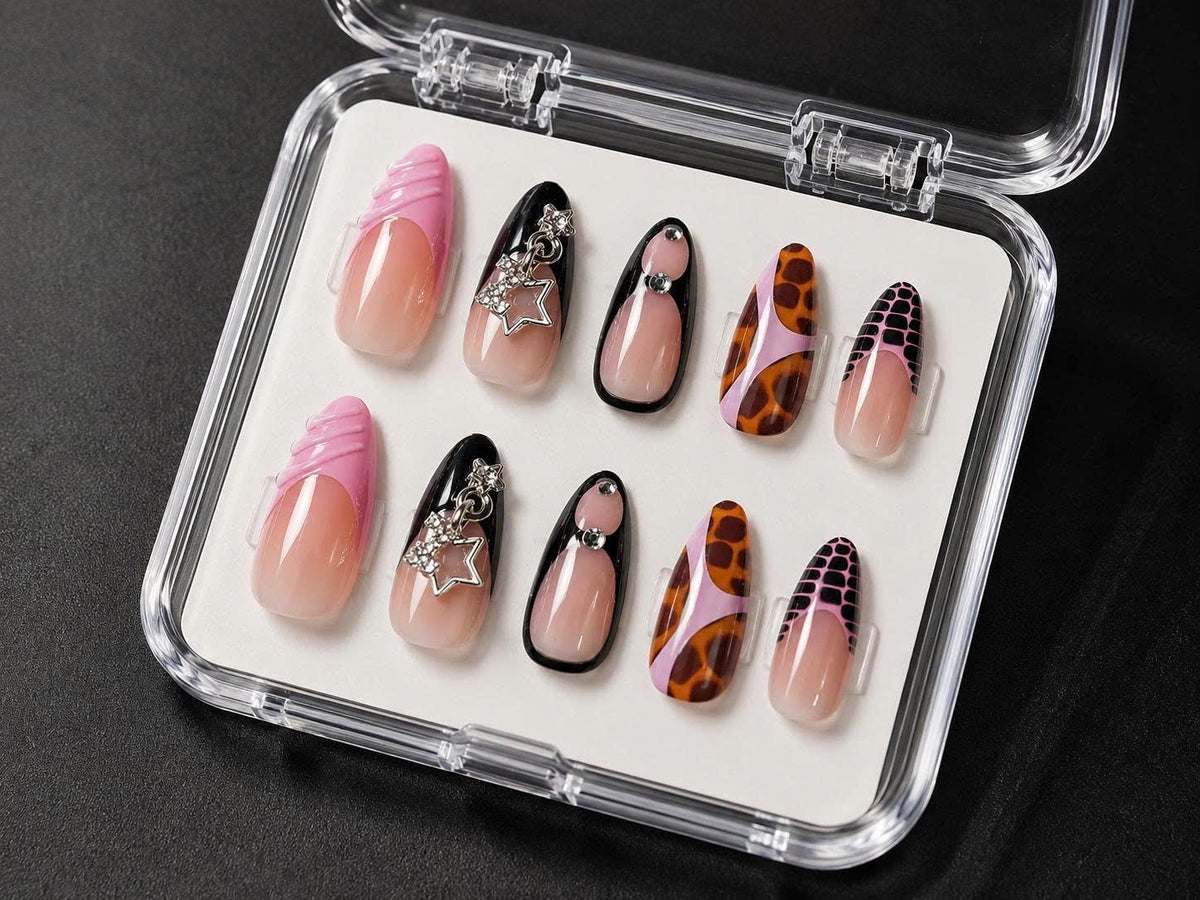 Pink & Black Press-On Nails – Tortoise Shell French Tip – Star Charm