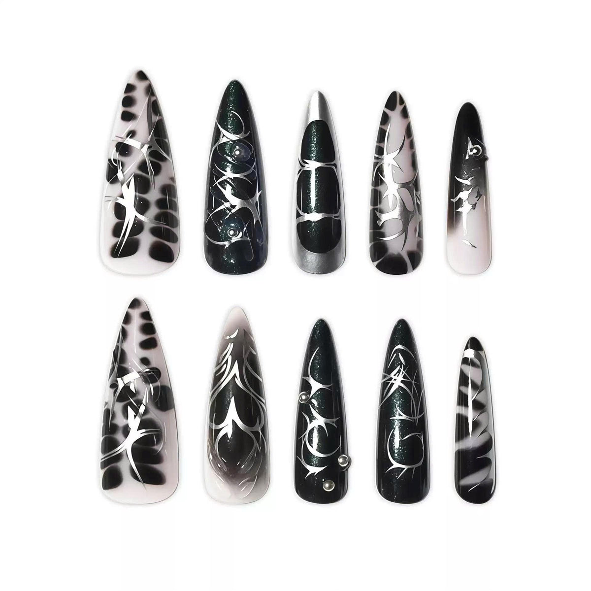 Y2K Metallic Black & Silver Press-On Nails – Long Stiletto – Glue On