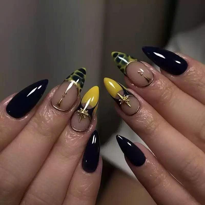 Navy Blue Press-On Nails – Gold Star – Almond