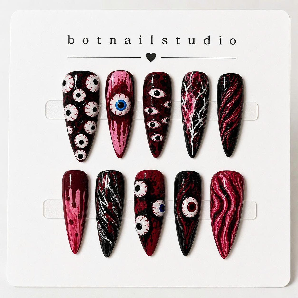 Halloween Eyeball Press-On Nails – Stiletto Details – Red & Black Gothic Stiletto