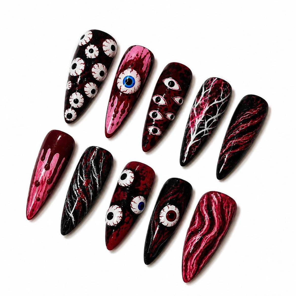 Halloween Eyeball Press-On Nails – Stiletto Details – Red & Black Gothic Stiletto