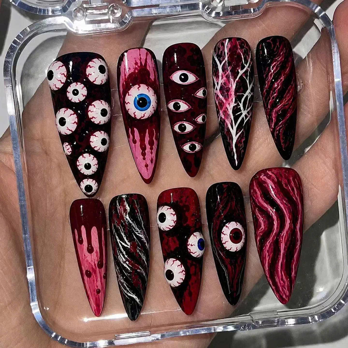 Halloween Eyeball Press-On Nails – Stiletto Details – Red & Black Gothic Stiletto