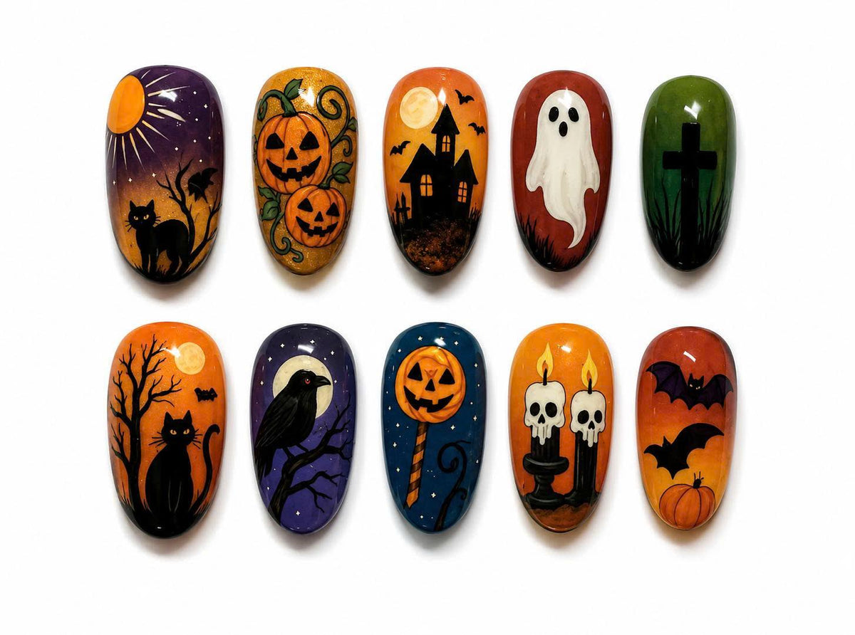 Halloween Press-On Nails – Ghost Pumpkin – Black Cat