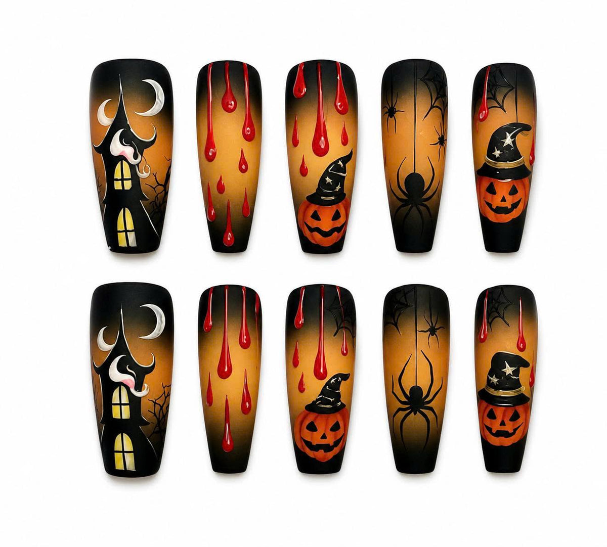 Halloween Press-On Nails – Pumpkin Spider Web – Long Coffin