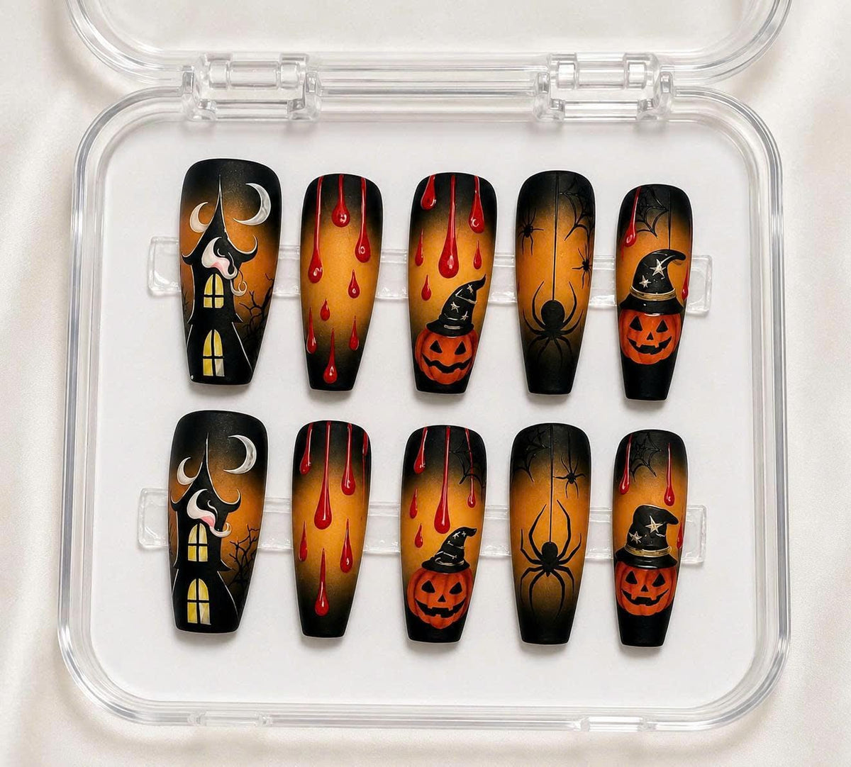 Halloween Press-On Nails – Pumpkin Spider Web – Long Coffin