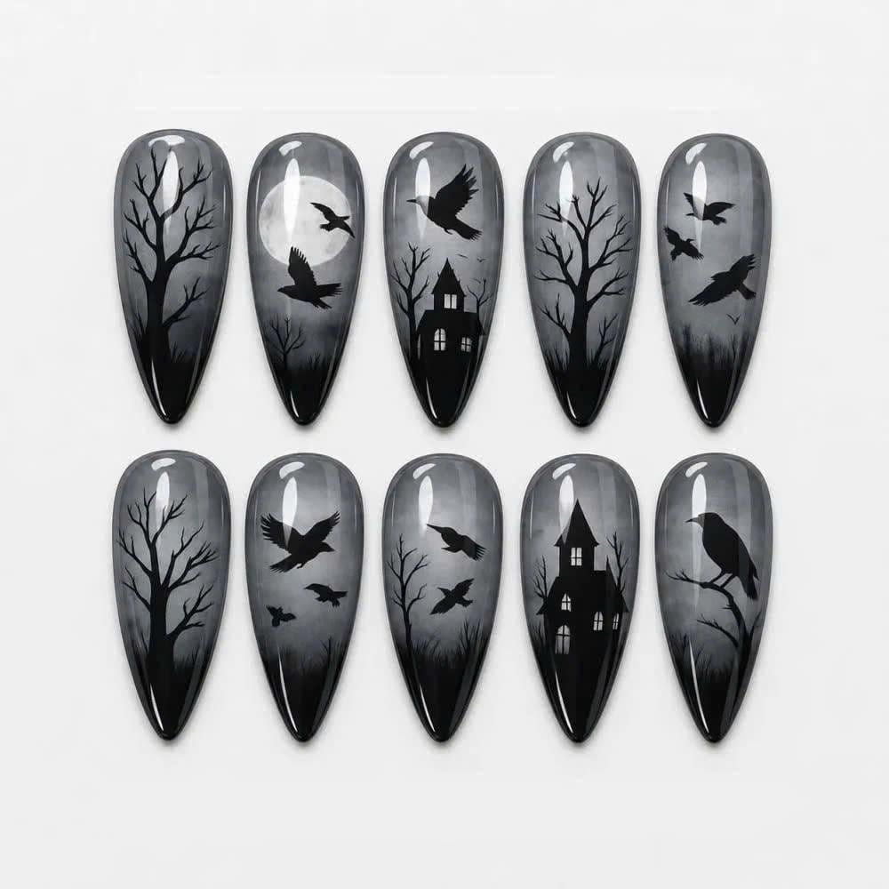 Gothic Raven Press-On Nails – Haunted House – Long Almond