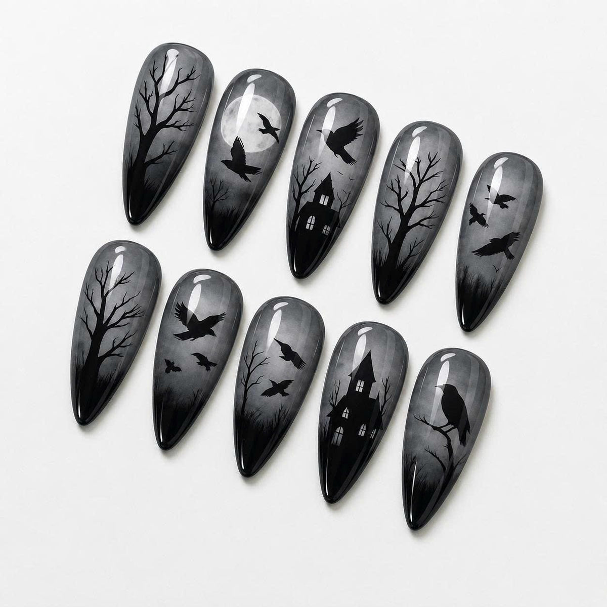 Gothic Raven Press-On Nails – Haunted House – Long Almond