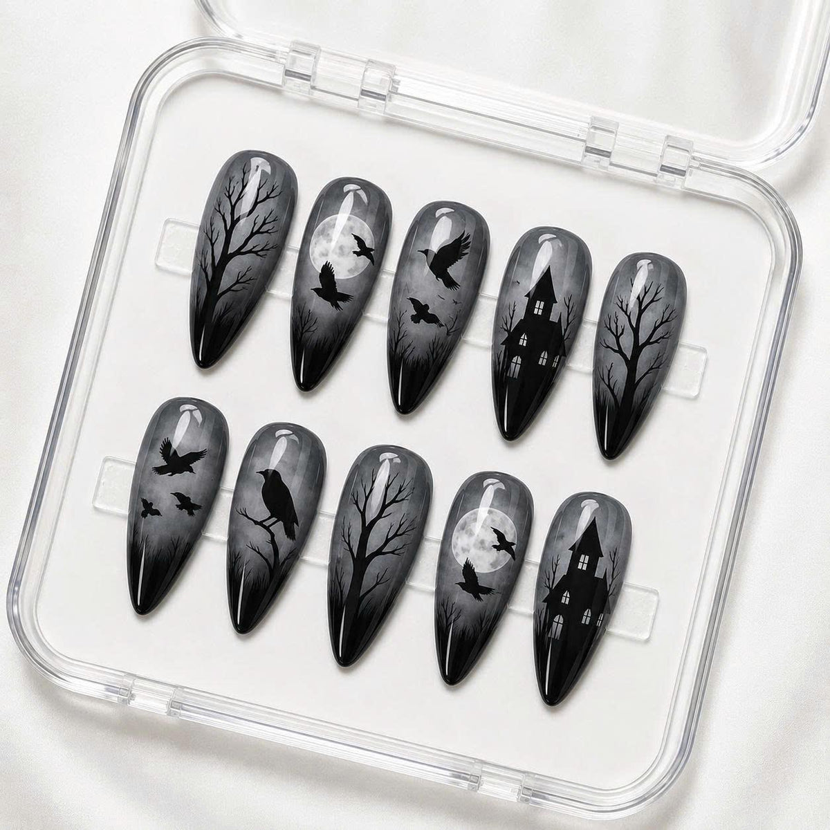 Gothic Raven Press-On Nails – Haunted House – Long Almond