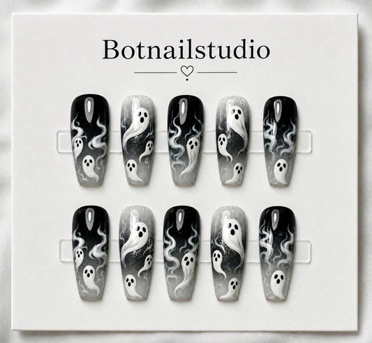 Halloween Ghost Press-On Nails – Black & White Smoky – Coffin
