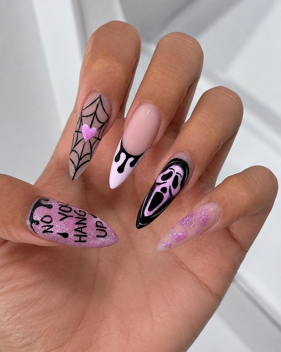 Pink Halloween Press-On Nails – Spooky Mask – Spider Web