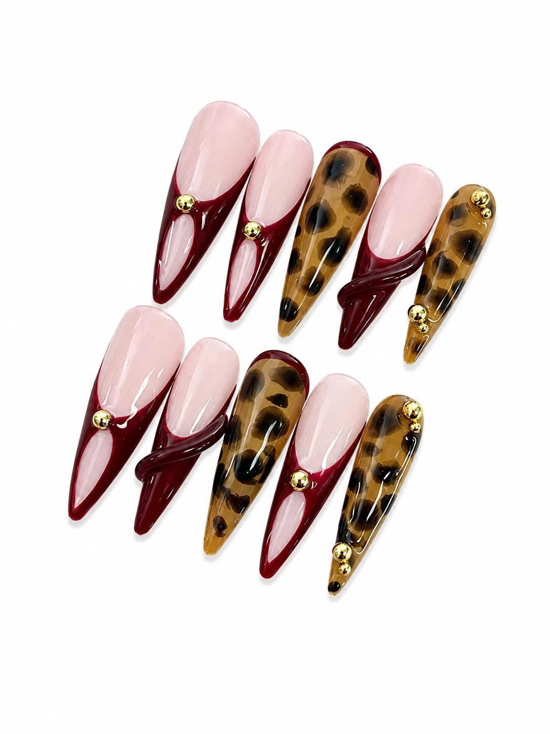 Burgundy Tortoise Shell Press-On Nails – Long Stiletto – French Tip
