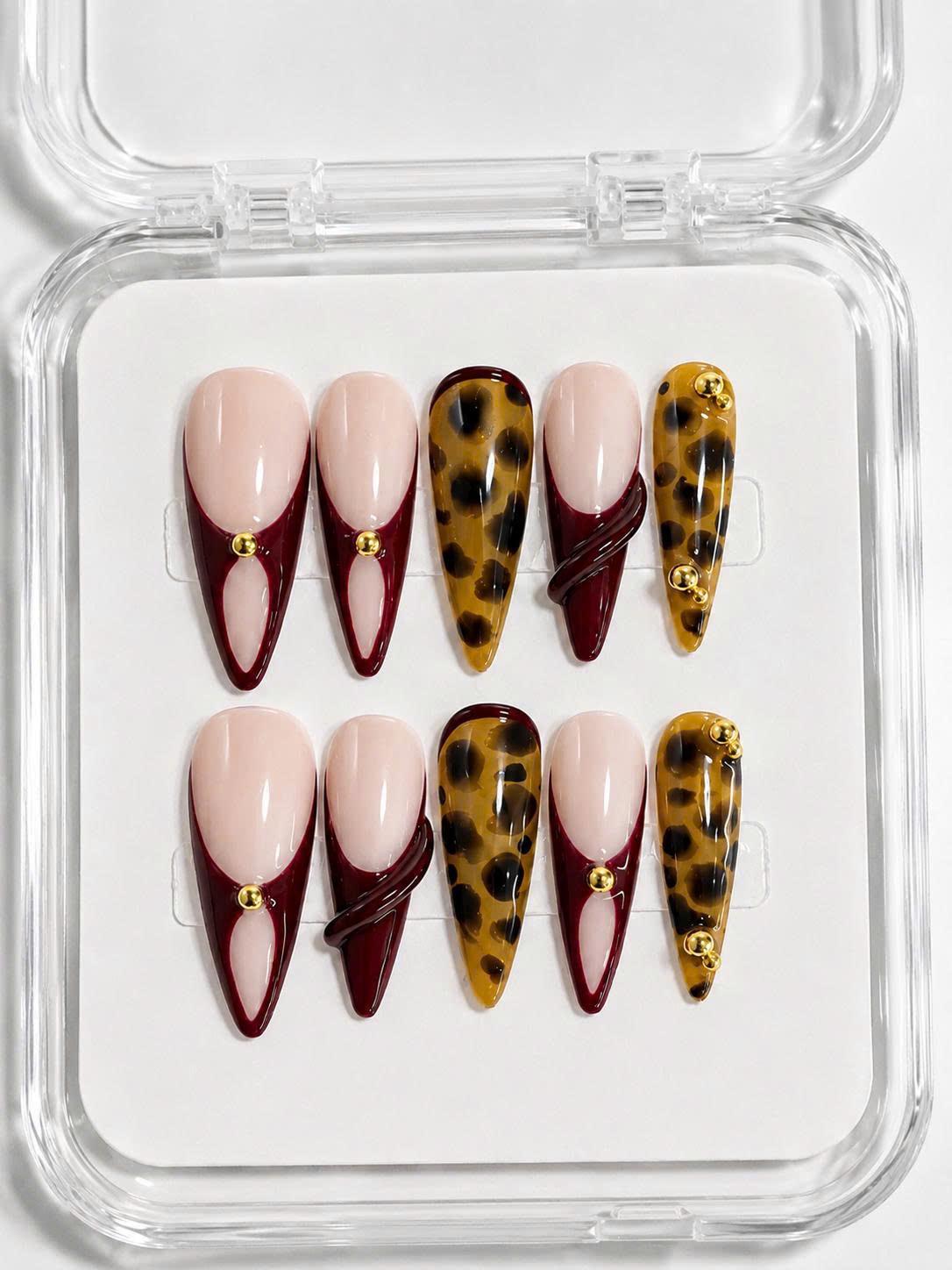 Burgundy Tortoise Shell Press-On Nails – Long Stiletto – French Tip